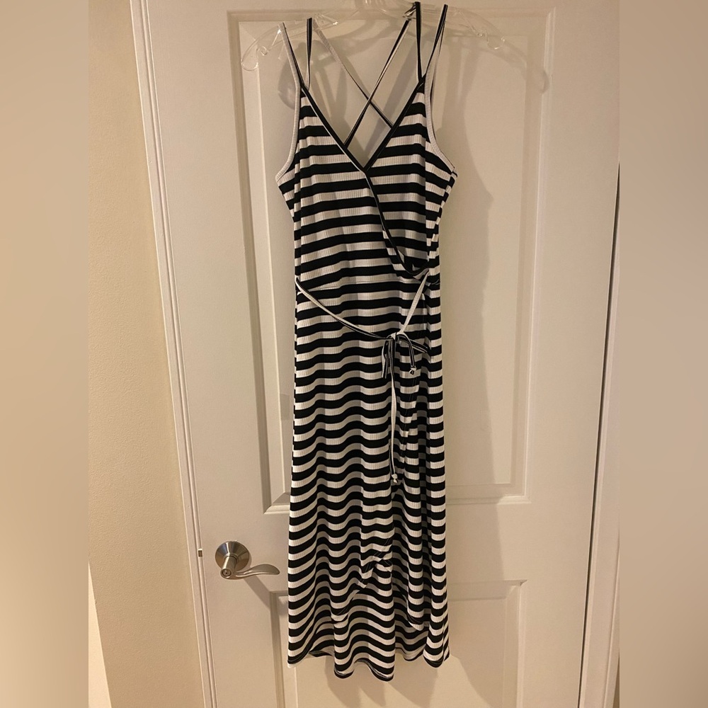 NWOT cross cross strapped black and white striped dress